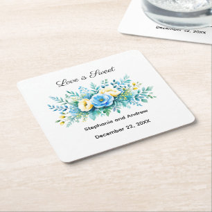 Porta-copo De Papel Quadrado Casamento Doce Amor Floral Azul Amarelo