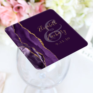 Porta-copo De Papel Quadrado Casamento Dourado de ameixa com Script Geode de Ag