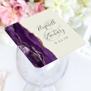 Porta-copo De Papel Quadrado Casamento Dourado de Marfim com Agate Purple