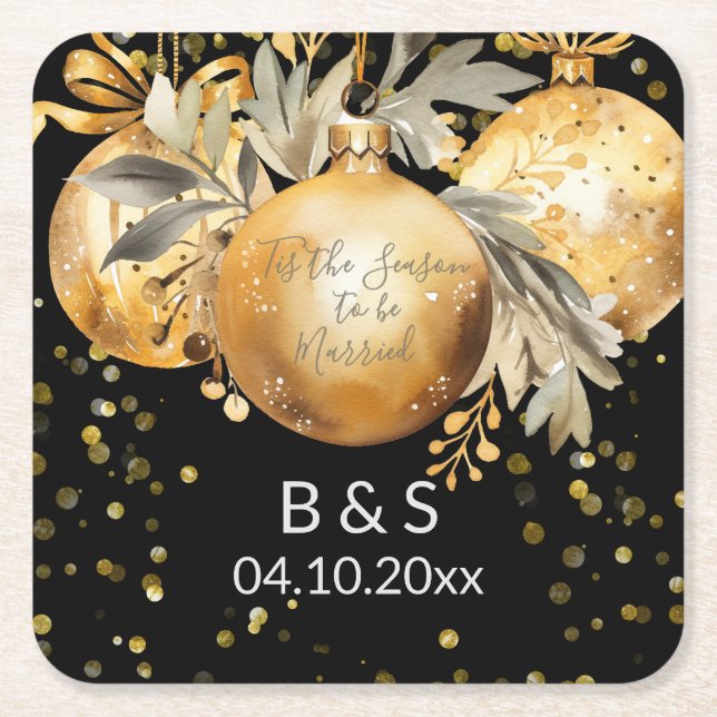 Porta-copo De Papel Quadrado Casamento Dourado de Natal Negro (Frente)
