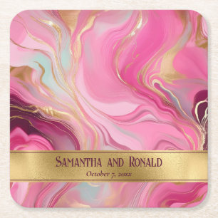 Porta-copo De Papel Quadrado Casamento Dourado e rosa marmoreado Elegante Faux