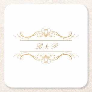 Porta-copo De Papel Quadrado Casamento Dourado Elegante Monograma Moderno