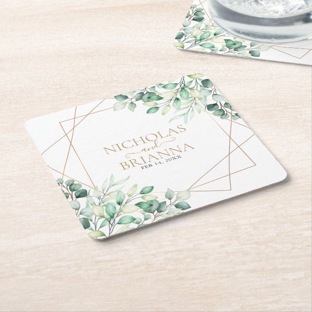 Porta-copo De Papel Quadrado Casamento Dourado Eucalyptus, Verde Botânico Moder (Inclinado)
