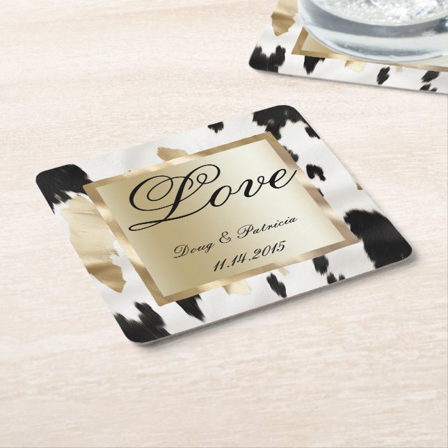 Porta-copo De Papel Quadrado Casamento Dourado Glam Branco Negro Cowhide Sudoes (Inclinado)