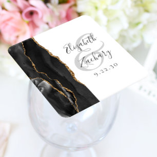Porta-copo De Papel Quadrado Casamento Dourado Preto de Script Geode Agate