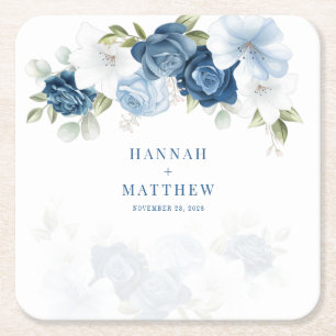 Porta-copo De Papel Quadrado Casamento Dusty Blue Floral Eucalyptus Watercolor