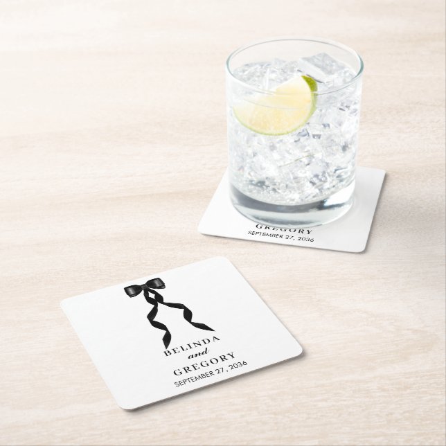 Porta-copo De Papel Quadrado Casamento Elegante de Fita Arco Negra Formal (Insitu)