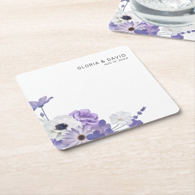 Porta-copo De Papel Quadrado Casamento Elegante Floral Roxo (Inclinado)
