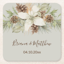 Porta-copo De Papel Quadrado Casamento Elegante Letra Cursiva Bege de Inverno