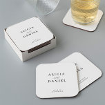 Porta-copo De Papel Quadrado Casamento elegante minimalista simples<br><div class="desc">Um simples e elegante papel de casamento preto e branco favorece a decoração com um clássico roteiro de caligrafia na moda. Fácil de personalizar com seus detalhes! Adequado para casamentos neutros. Por favor, note que a cor de fundo pode ser alterada para corresponder ao seu esquema de cor de casamento....</div>