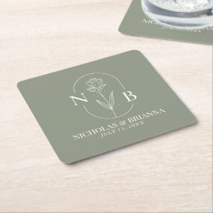 Porta-copo De Papel Quadrado Casamento Elegante Minimalista Verde do Monograma 