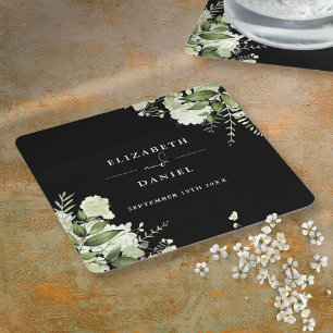 Porta-copo De Papel Quadrado Casamento Elegante Preto e Branco com Verdura Flor