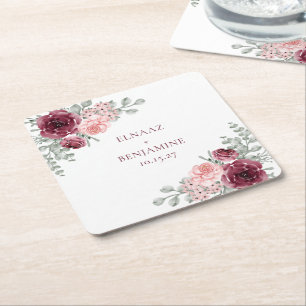 Porta-copo De Papel Quadrado Casamento em Aquarela de Rosa Burgundy e Rosa Eleg