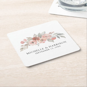 Porta-copo De Papel Quadrado Casamento em Aquarela Floral Rosa Elegante