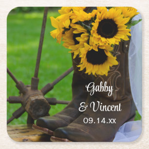 Porta-copo De Papel Quadrado Casamento entre Rustic Sunflower e Cowboy Boots We