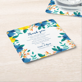 Porta-copo De Papel Quadrado Casamento Floral Amarelo Chic - Obrigado Mensagem