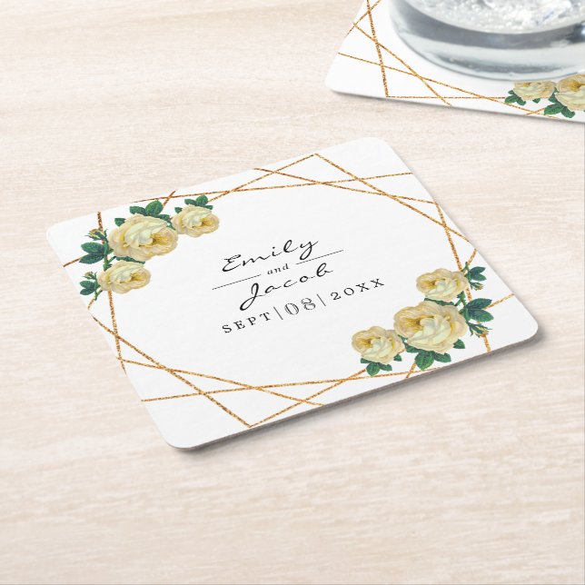 Porta-copo De Papel Quadrado Casamento Floral Amarelo Glitter Geo Dourado Elega (Inclinado)