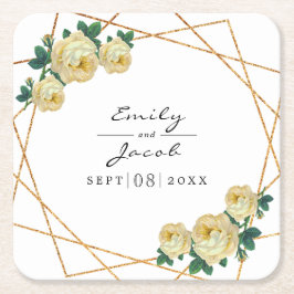 Porta-copo De Papel Quadrado Casamento Floral Amarelo Glitter Geo Dourado Elega