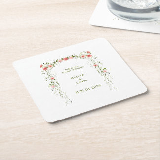 Porta-copo De Papel Quadrado Casamento Floral Arco Rosa Bege Rústico Vintage