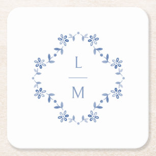 Porta-copo De Papel Quadrado Casamento Floral Azul e Branco Monograma