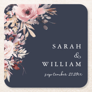 Porta-copo De Papel Quadrado Casamento Floral Azul Naval Temperamental Rosa Emp