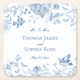 Porta-copo De Papel Quadrado Casamento Floral Blue Toile De Jouy Vintage