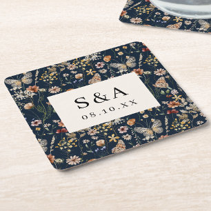 Porta-copo De Papel Quadrado Casamento Floral Boho Azul Marinho