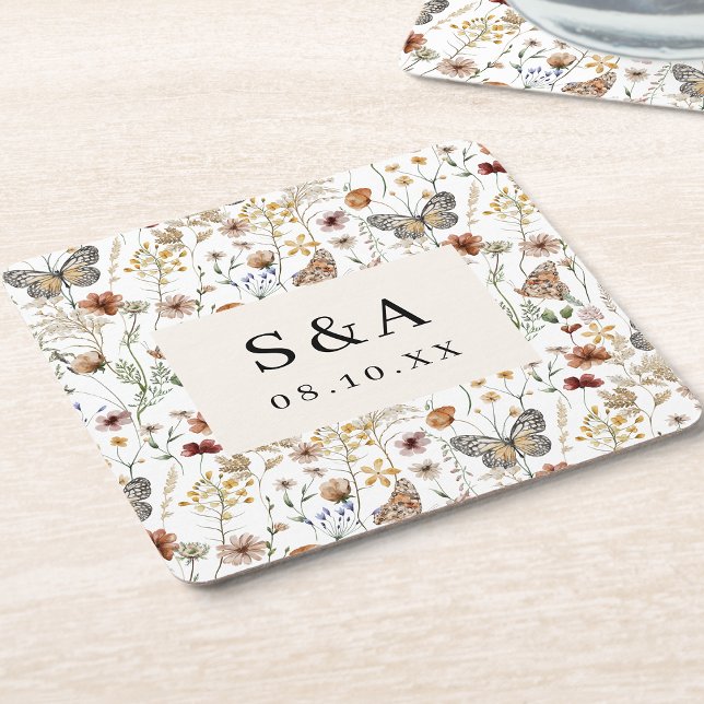 Porta-copo De Papel Quadrado Casamento Floral Boho Rústico (Rustic Boho Floral Wedding Square Paper Coaster Monogrammed by Painted Paperie
)