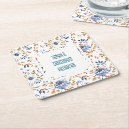 Porta-copo De Papel Quadrado Casamento Floral Branco Azul