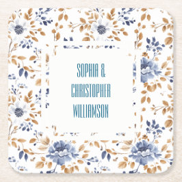 Porta-copo De Papel Quadrado Casamento Floral Branco Azul
