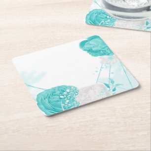 Porta-copo De Papel Quadrado casamento floral branco turquesa