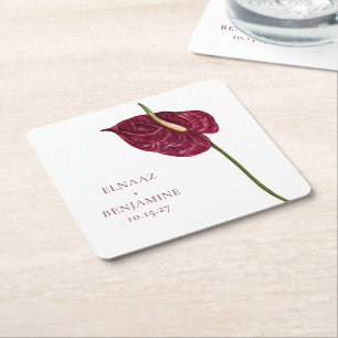 Porta-copo De Papel Quadrado Casamento Floral de Anthurium com Aquarela Minimal