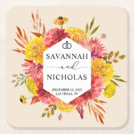 Porta-copo De Papel Quadrado Casamento Floral de Autumn Pink e Yellow Watercolo
