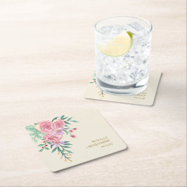 Porta-copo De Papel Quadrado Casamento Floral de Cor de Água Rosa-Rosa Elegante