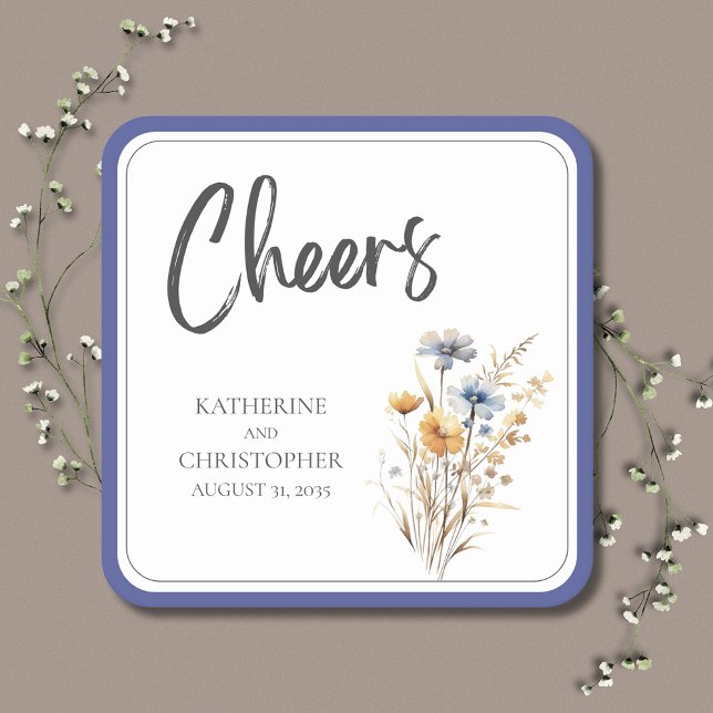 Porta-copo De Papel Quadrado Casamento Floral de Flor Azul Elegante (Cheers Blue Wildflowers Wedding Paper Coaster with blue, yellow and purple flowers.)