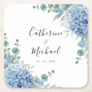 Porta-copo De Papel Quadrado Casamento Floral de Hortênsia Azul