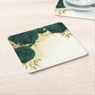 Porta-copo De Papel Quadrado Casamento floral de ouro esmeralda verde
