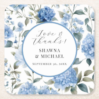 Porta-copo De Papel Quadrado Casamento Floral de Primavera Branco e Azul Elegan