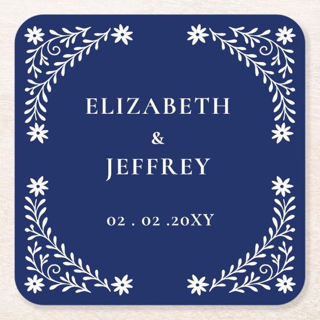 Porta-copo De Papel Quadrado Casamento Floral do Marinho Elegante Boho (Frente)