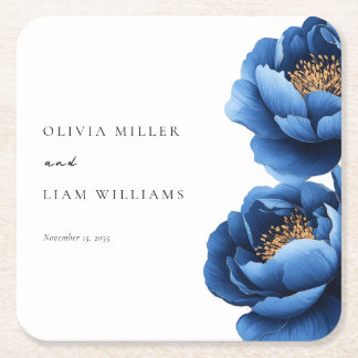 Porta-copo De Papel Quadrado Casamento Floral Dourado Azul-Marinho Elegante