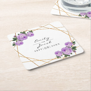Porta-copo De Papel Quadrado Casamento Floral Dourado Elegante Geo Purple