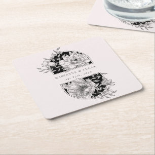 Porta-copo De Papel Quadrado Casamento Floral Elegante Negro e Branco