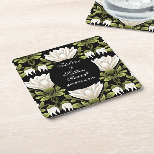 Porta-copo De Papel Quadrado Casamento Floral Elegante Preto e Branco: Caligraf (Inclinado)