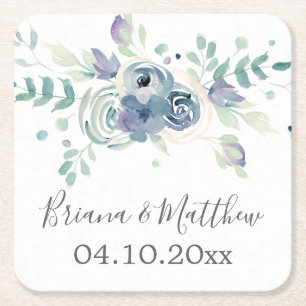 Porta-copo De Papel Quadrado Casamento Floral Elegante Roxo Verde
