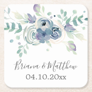 Porta-copo De Papel Quadrado Casamento Floral Elegante Verde Água Roxo