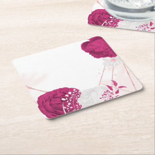 Porta-copo De Papel Quadrado casamento floral fúcsia e branco