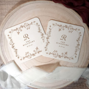 Porta-copo De Papel Quadrado Casamento Floral Marrom Creme Monograma Vintage Fr