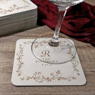 Porta-copo De Papel Quadrado Casamento Floral Marrom Creme Monograma Vintage Fr