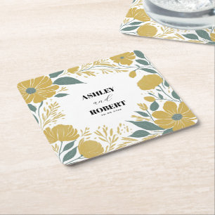 Porta-copo De Papel Quadrado Casamento Floral Moderno Amarelo