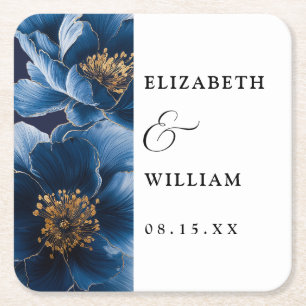 Porta-copo De Papel Quadrado Casamento Floral Moderno Azul Marinho Elegante